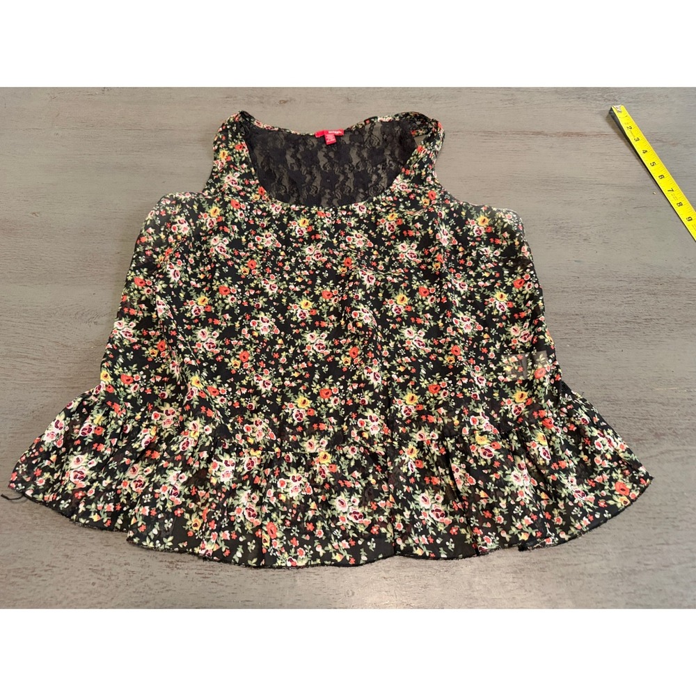 Bongo Womens Floral Lace Back Peplum Top XL Black Sleeveless Ruffle Blouse